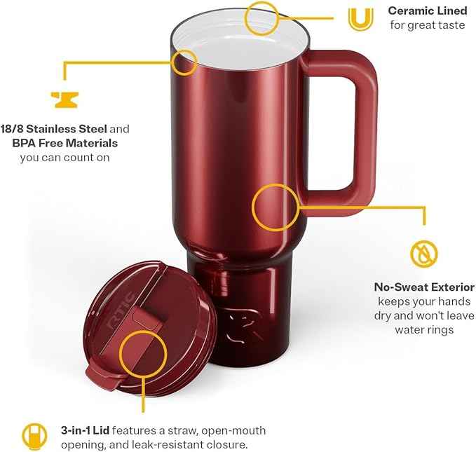 RTIC 40 oz Road Trip Tumbler Double-Walled Insulated Stainless Steel Portable Travel Coffee Mug Cup with Lid, Handle and Straw, Black Cherry Metallic