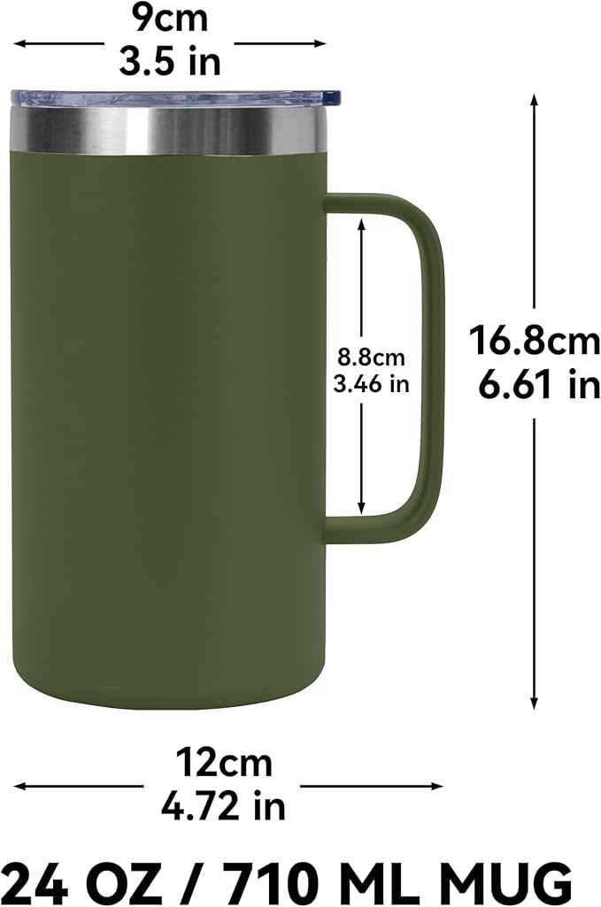 DOMICARE 24oz Mug with Handle and Lid, Stainless Steel Coffee Mug, Travel Mug with Handle, Double Wall Vacuum Coffee Tumbler, Reusable Insulated Cup, Army Green, Pack 8