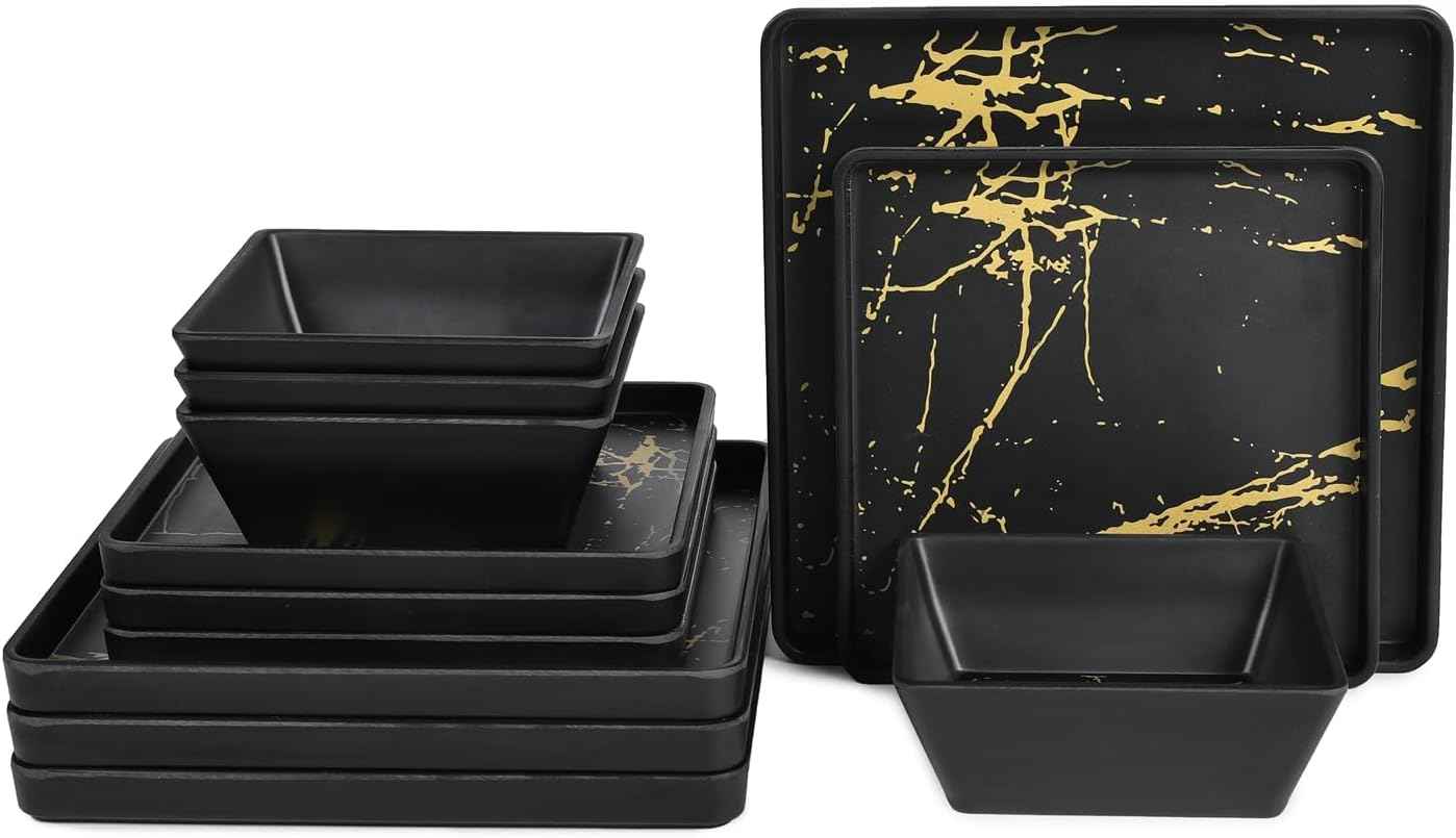 Melamine Dinnerware Sets - 12pcs Square Plates and Bowls Sets For 4, Indoor Outdoor Use, Dishwasher Safe, Black & Gold