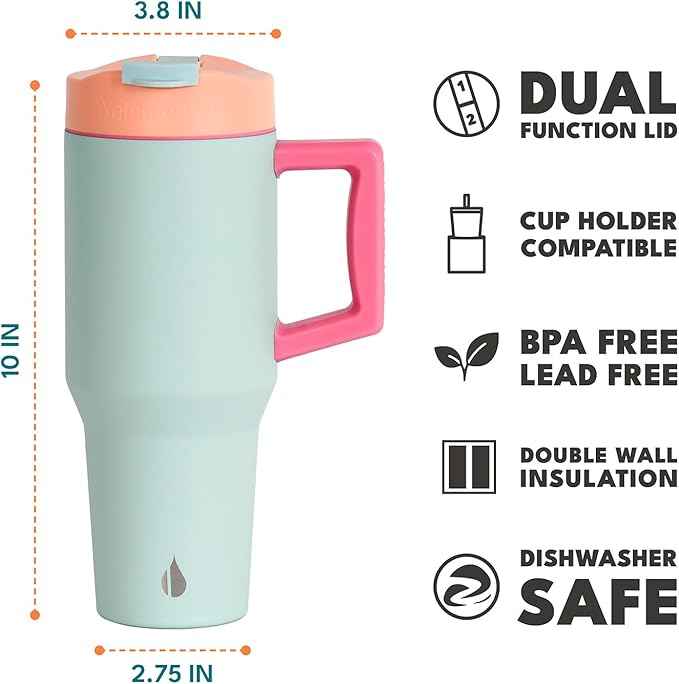 Elemental 32 oz 100% Leak Proof Tumbler with Handle & Straw - Stainless Steel Double Wall Insulated Tumbler for Hot and Cold Beverages - Travel Coffee Mug with Sip & Straw Lid - Mint Sorbet