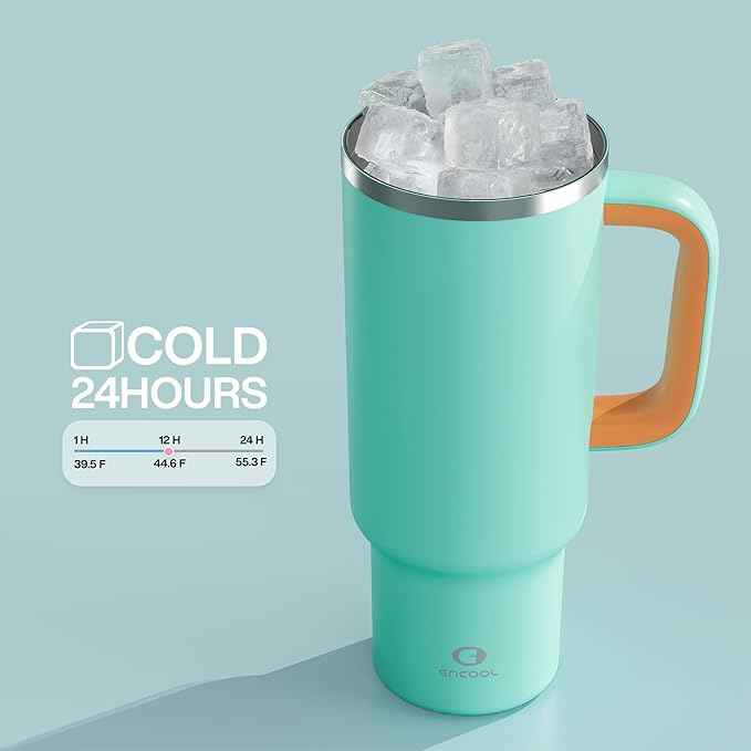 ENCOOL 40 oz Tumbler with Handle and Straw: Stainless Steel Insulated Tumbler Keeps Cold for 24 Hours, Leakproof Travel Cup Fits in Cup Holder and BPA-Free,Soft Cyan