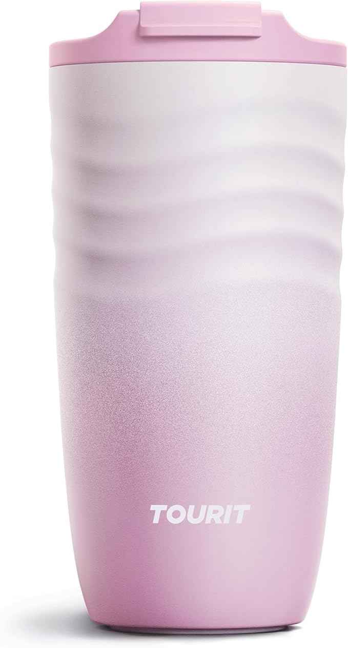 TOURIT 16 oz Travel Coffee Mug, Insulated Stainless Steel Travel Mug with Lid, Leak-Proof Double-Wall Vacuum Tumbler, Reusable Coffee Cup - Pink