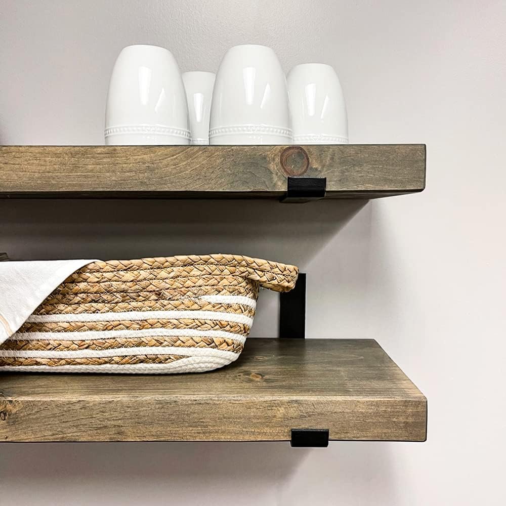 Rustic Shelves with J-Brackets Set of 2, Industrial Shelf, Kitchen Shelves, Solid Wood, Decorative Wall Storage, Heavy Duty, URBANDI (Grey, 12Wx8D)