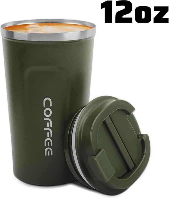 MOMSIV 12oz Travel Mug, Insulated Coffee Cup with Leakproof Lid, Vacuum Stainless Steel Double Walled Reusable Tumbler for Hot and Cold Water Coffee and Tea In Travel and Car Armygreen