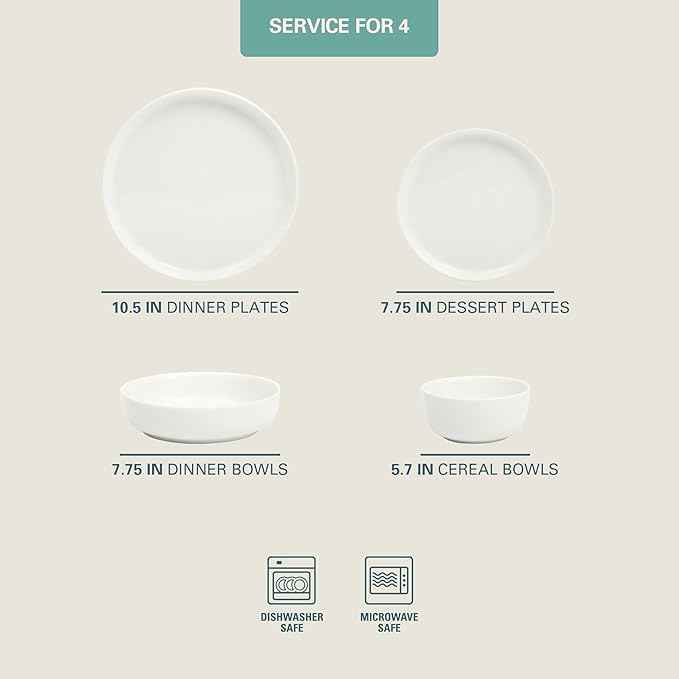 Gibson Home Oslo Dinnerware Set for 4, 16-Piece White Porcelain Plates and Bowls — Ceramic Dish Set | Microwave & Dishwasher Safe