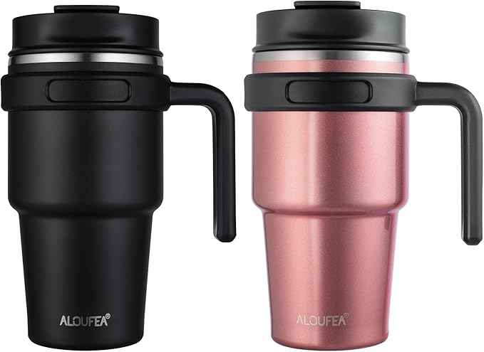 20 oz Insulated Coffee Mug Tumbler with Handle, Stainless Steel Travel Mug Tumbler with Lid and Straw,Double Wall Vacuum Leak Proof Ice Coffee Thermal Cup, Black/Rose Gold
