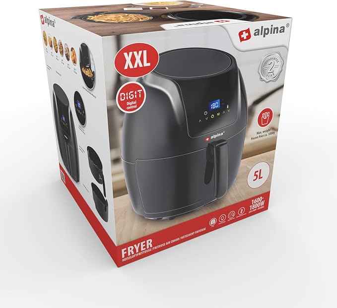 alpina Air Fryer Oil Free Deep Fryer 5 Litre Electric Deep Fryer with Non-Stick Coating Digital Touch Screen 7-8 People