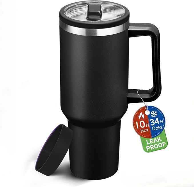BENZZO Leak-proof 40oz Tumbler with Handle - Black Insulated Water Bottle With Straw 40 OZ Insulated Coffee Mug Travel Cup