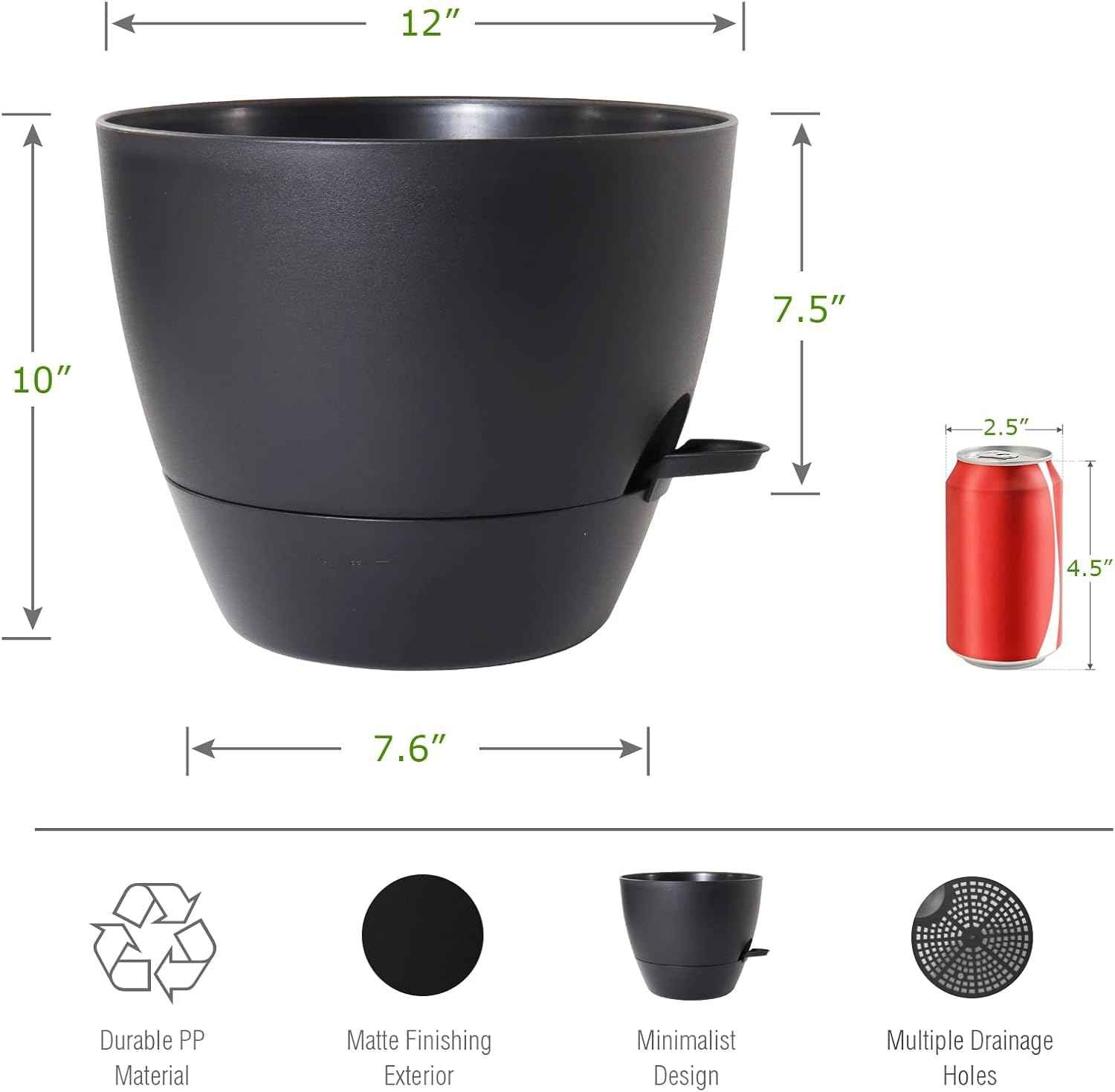 UOUZ 12 inch Large Self Watering Pots, Plastic Planters with 60oZ Removable Deep Reservoir and Multi Mesh Drainage Holes for Indoor Outdoor Garden Plants and Flowers, Black