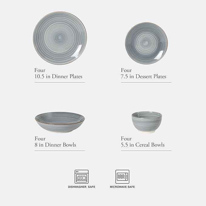 Gibson Home Stonebury 16 Piece Plates and Bowls Blue Dishes - Handpainted Stoneware Dinnerware Set - Service for 4