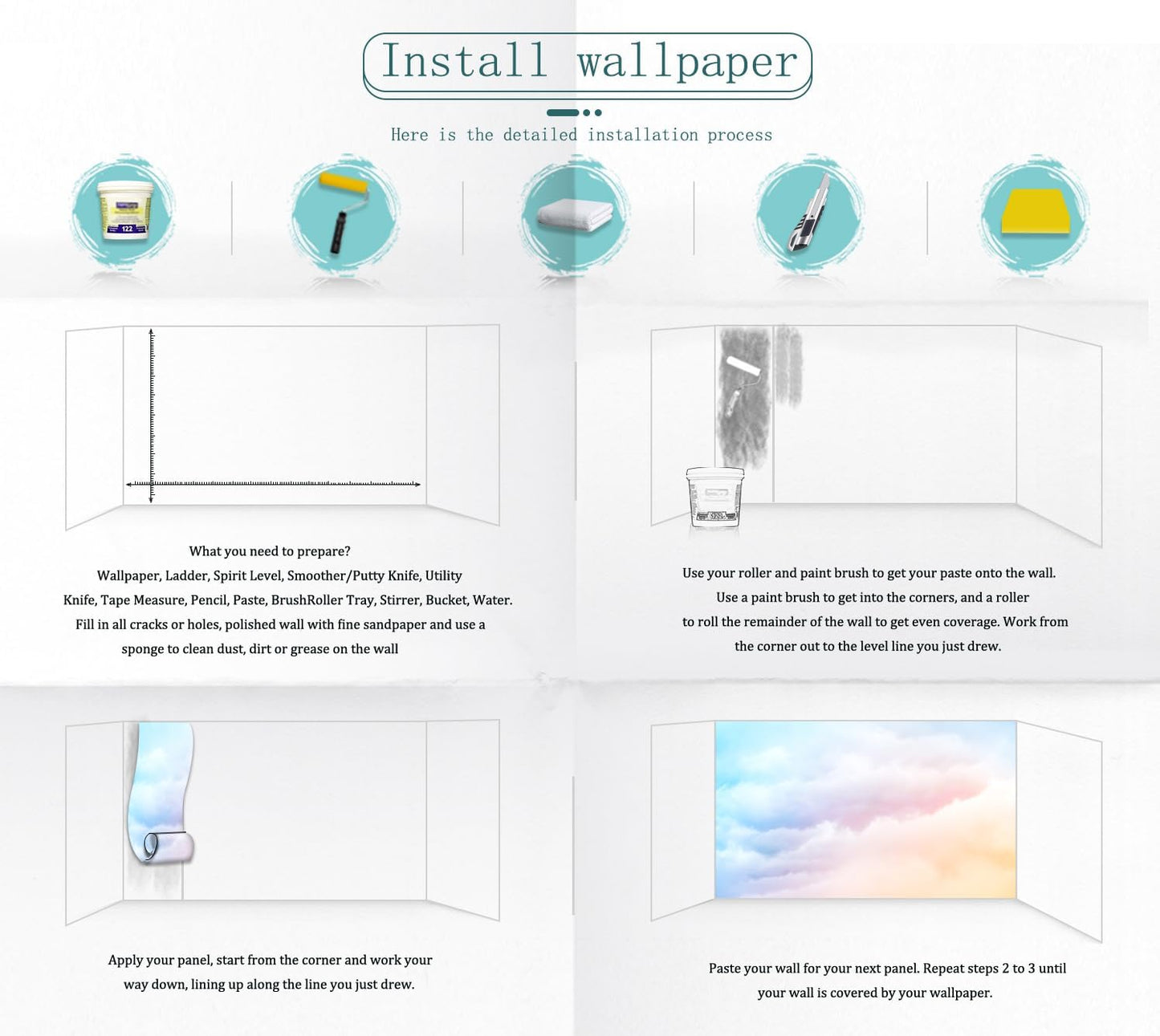 Pink Cloud Mural Wallpaper for Bedroom Living Room Kids Room Colorful Rainbow Wallpaper (Not Peel n' Stick)