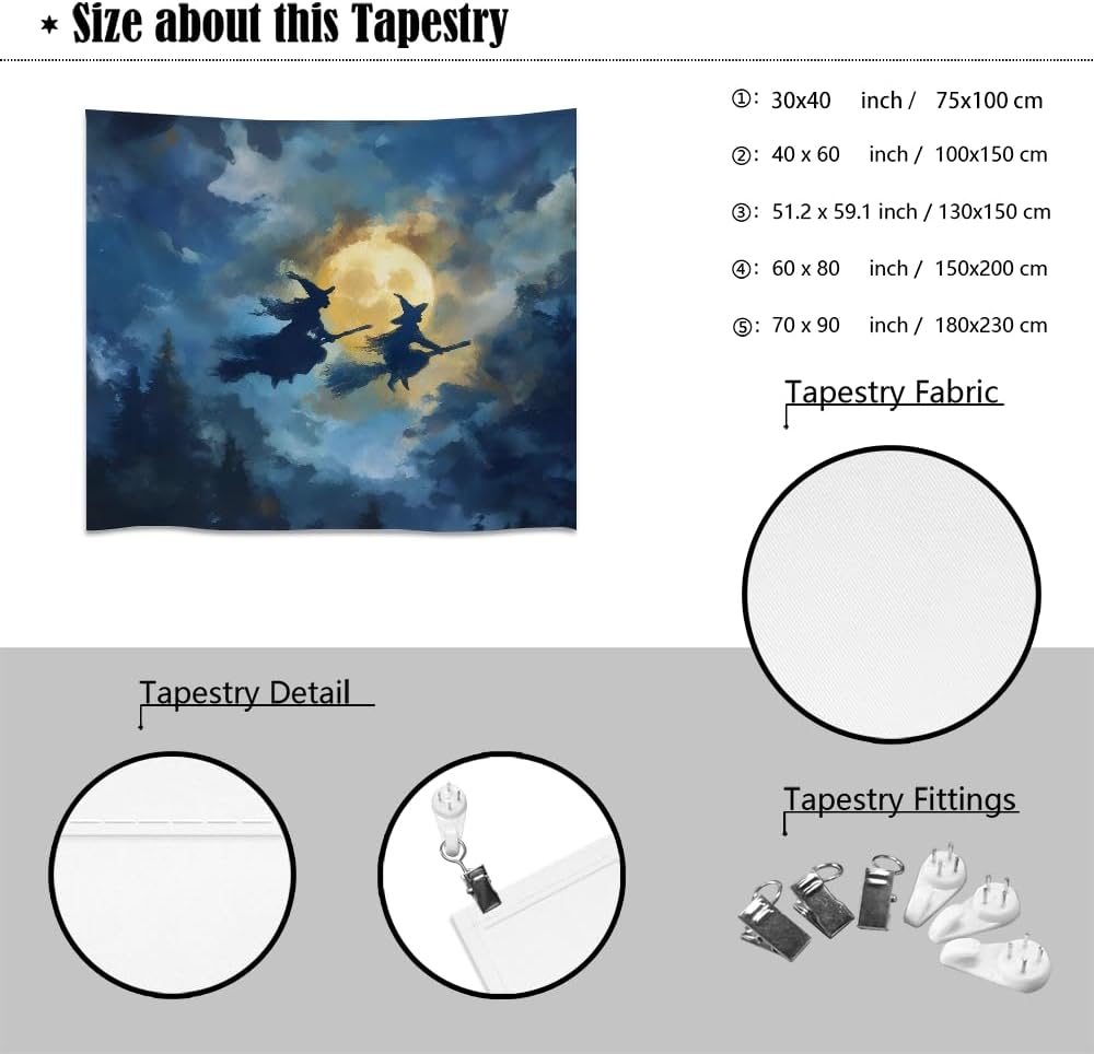 Spooky Halloween Witch Tapestry Wall Hanging Dark Fantasy Night Sky Aesthetic Print Flying Witches Under Full Moon Tapestries Horror Ghost Halloween Party Decor for Living Room Bedroom 70x90inch