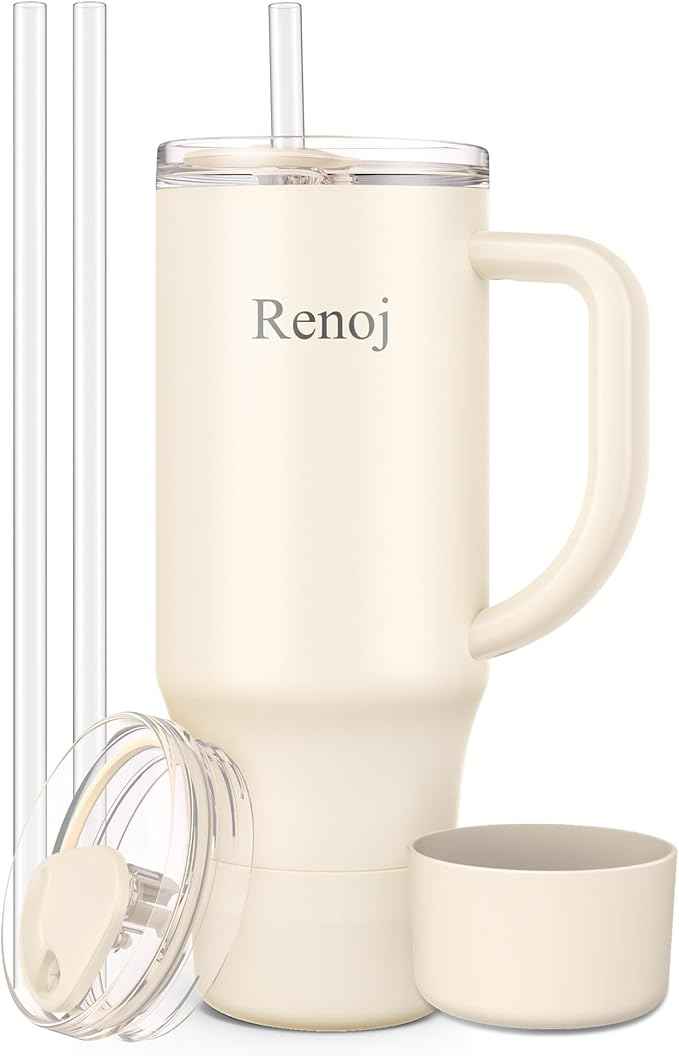 Renoj Insulated Mug 100% Spill Resistant Insulated Water Bottle for Iced Coffee & Hot Drinks - Fits Car Cup Holder, Ideal Gift, 2 Straws & Silicone Boot - FlexSlide White 32 oz
