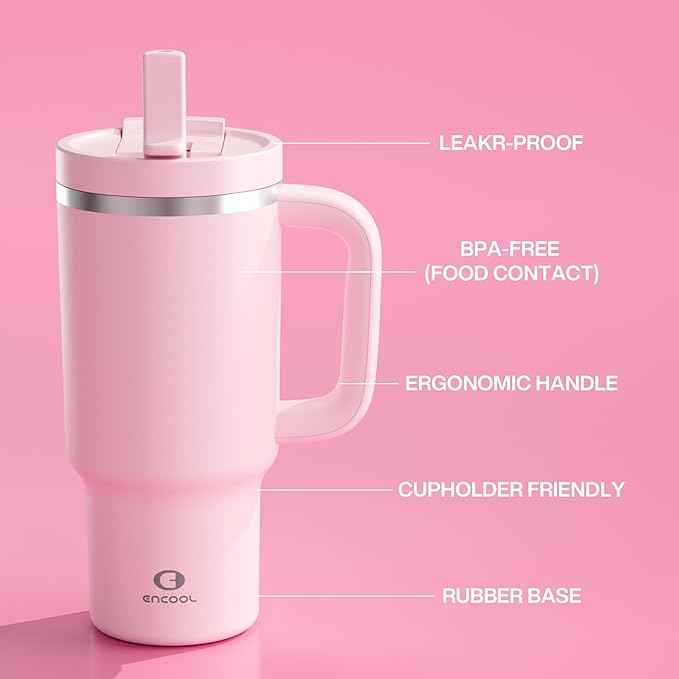 32 oz Tumbler with Handle and Straw: Stainless Steel Insulated Tumbler Keeps Cold for 24 Hours, Leakproof Travel Cup Fits in Cup Holder and BPA-Free, Cotton Candy