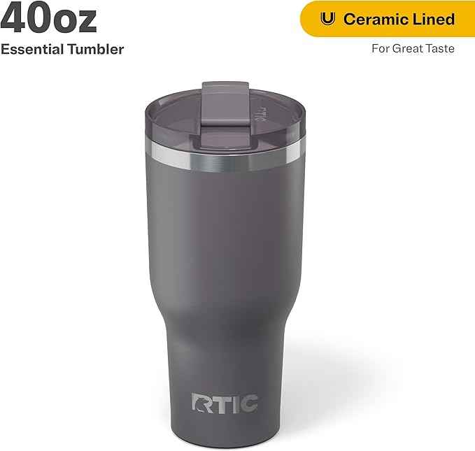 RTIC 40oz Essential Tumbler with Lid, Ceramic Lined, Insulated, Stainless Steel, Metal, Double Wall Vacuum-Insulation, Travel Cup for Iced Coffee, Tea, Hot and Cold Drink, Graphite