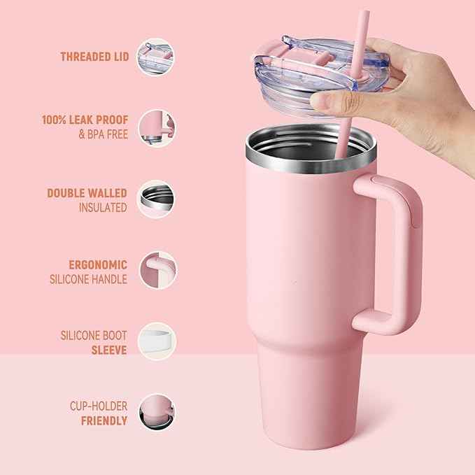 COKTIK 40 oz Tumbler With Handle and Straw, Insulated Tumbler With Leakproof Lids, Stainless Steel|BPA-Free, Cold for 24 H (Blush)