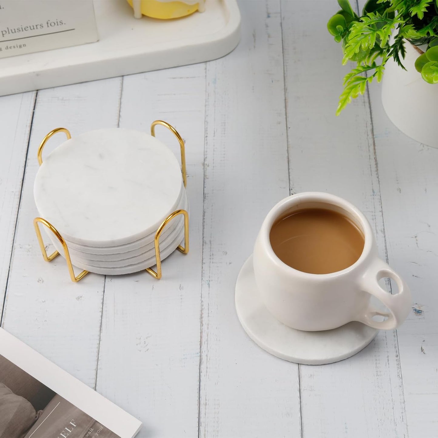 Carrara White Marble Coasters Set of 6 with Holder, Elegant Modern Round White Marble Drink Coasters for Coffee Table Decor, Semi Absorbent Stone Coaster for Drinks, Velvet Backed