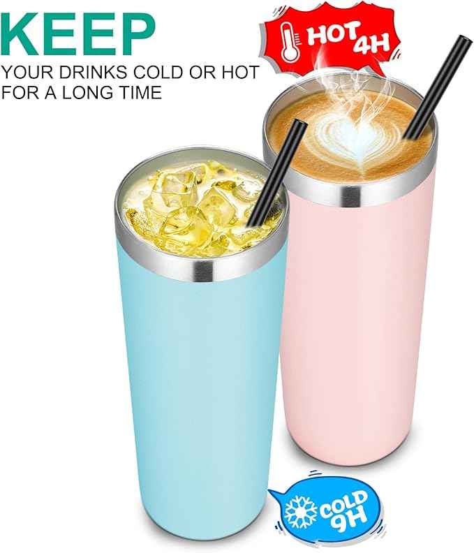VEGOND Stainless Steel Tumblers Bulk 12 Pack, 20 oz Vacuum Insulated Skinny Tumblers with Lids and Straws, Double Wall Coffee Mug, Travel Water Cup, Blue