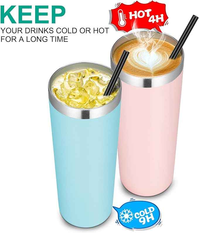 VEGOND Stainless Steel Skinny Tumbler, 20 oz Vacuum Insulated Tumbler with Lid and Straw, Double Wall Coffee Cup, Travel Mug for Cold Hot Drinks, Blue 1 Pack