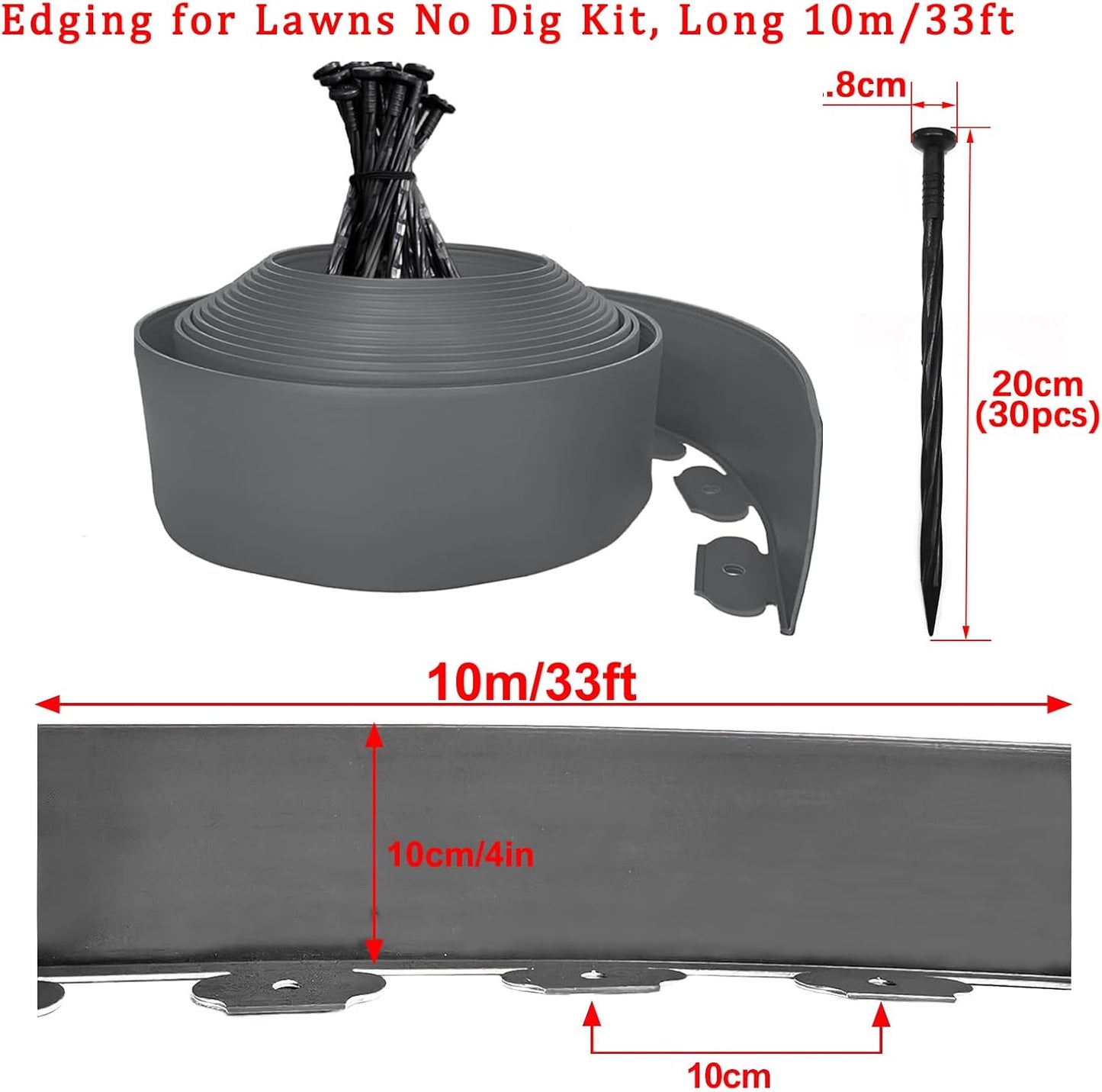 33FT Landscape Edging, 4in Tall Garden Edging Border with 30pcs Stakes Straight Top Edging for Yard Garden DIY Flower Beds Sidewalks Paver Edging, Grey