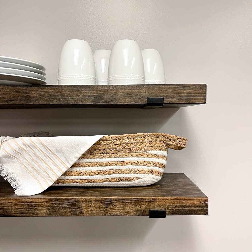 Rustic Shelves with J-Brackets Set of 2, Industrial Shelf, Kitchen Shelves, Solid Wood, Decorative Wall Storage, Heavy Duty, URBANDI (Dark Brown, 12Wx10D)