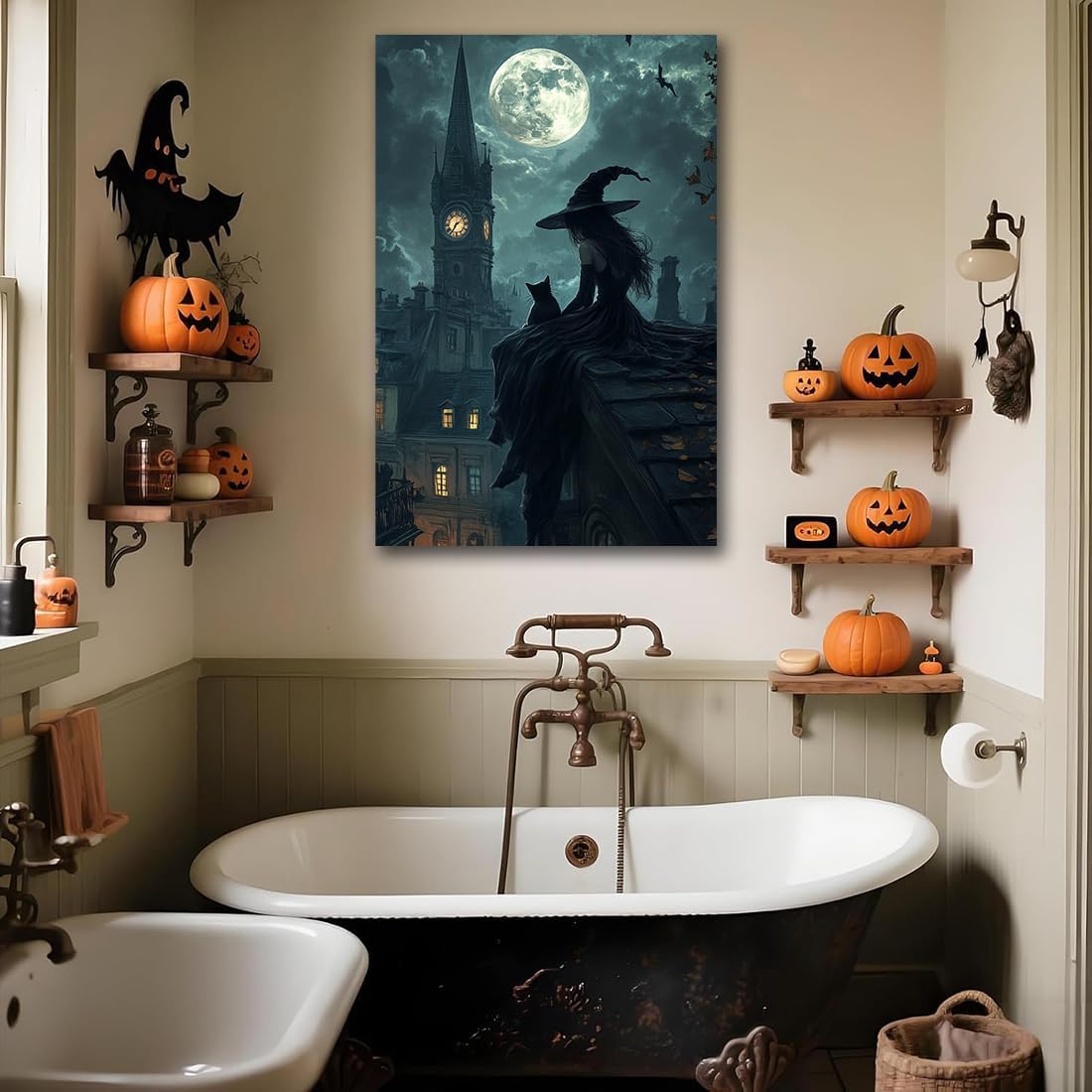 Halloween Witch Black Cat Wall Art,Magical Moon Witch on Roof with Black Cat at Night Scene Painting Haunting Dark Witches Canvas Print for Haunted House Party Decor Poster,20"x30" Framed