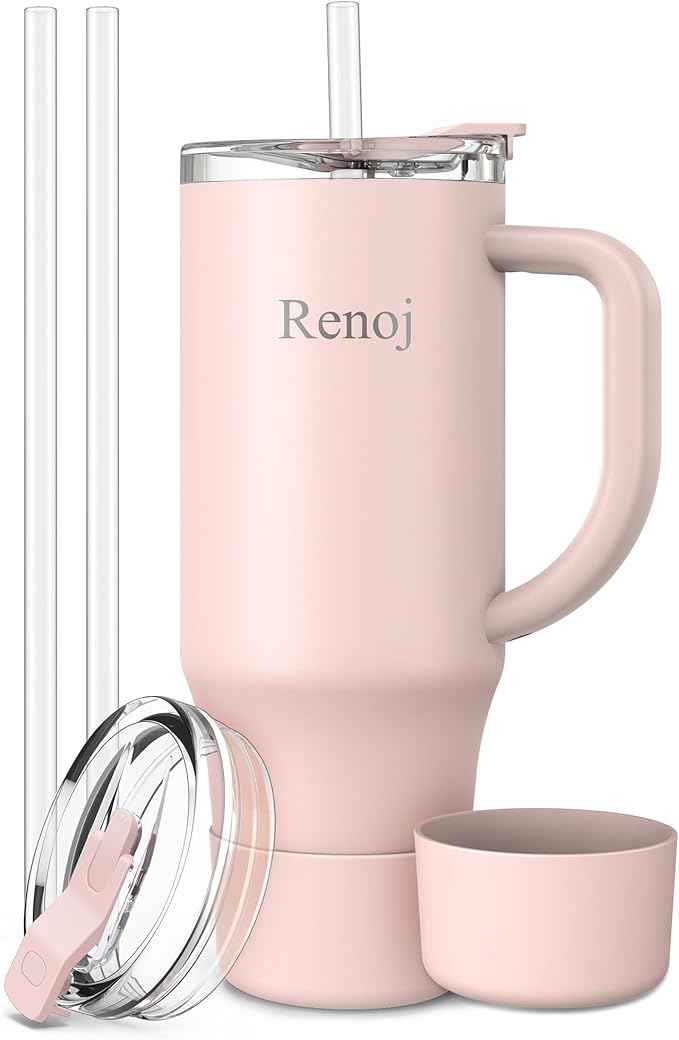 Renoj Insulated Mug 100% Leak Proof Insulated Water Bottle for Iced Coffee & Hot Drinks - Fits Car Cup Holder, Ideal Gift, 2 Straws & Silicone Boot - SnapShift Light Pink 40 oz