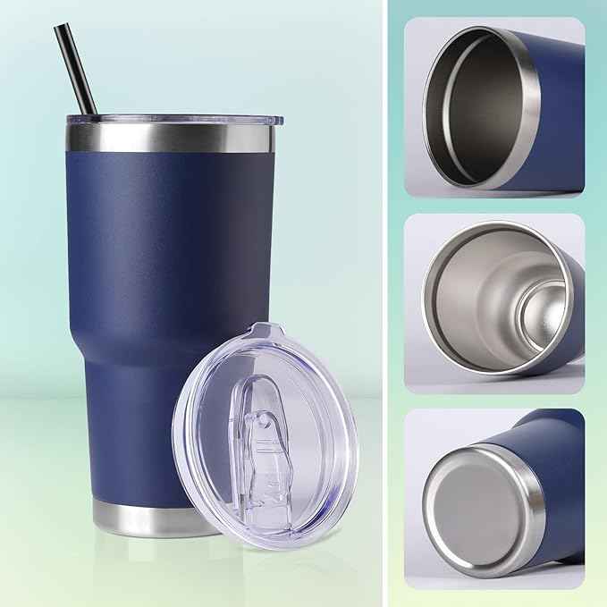 DOMICARE 30 oz Tumbler with Lid and Straw, Stainless Steel Tumblers Bulk, Insulated Vacuum Double Wall Travel Coffee Mug, Durable Powder Coated Tumbler Cup (Navy, 1)