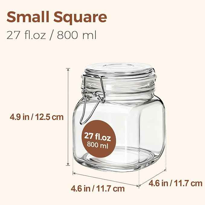 ComSaf 6-Pack 27oz Square Glass Pantry Canisters, Aesthetic Food Storage Jars for a Full Makeover, Modular Containers for Coffee, Sugar, Cookies, Snacks & Spices