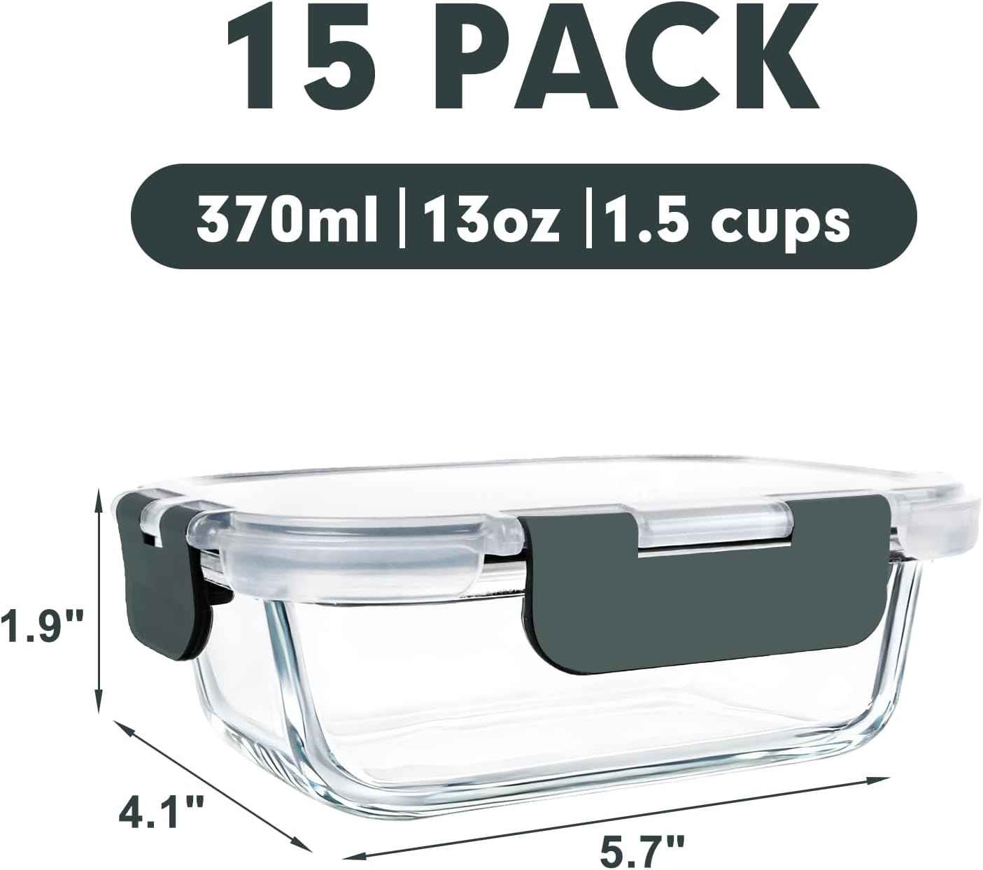 M MCIRCO [15-Pack,13 oz 1.5 Cup Glass Meal Prep Containers, Small Glass Food Storage Containers with Lids,Airtight Lunch Containers, Microwave, Oven, Freezer and Dishwasher Friendly, BPA-free