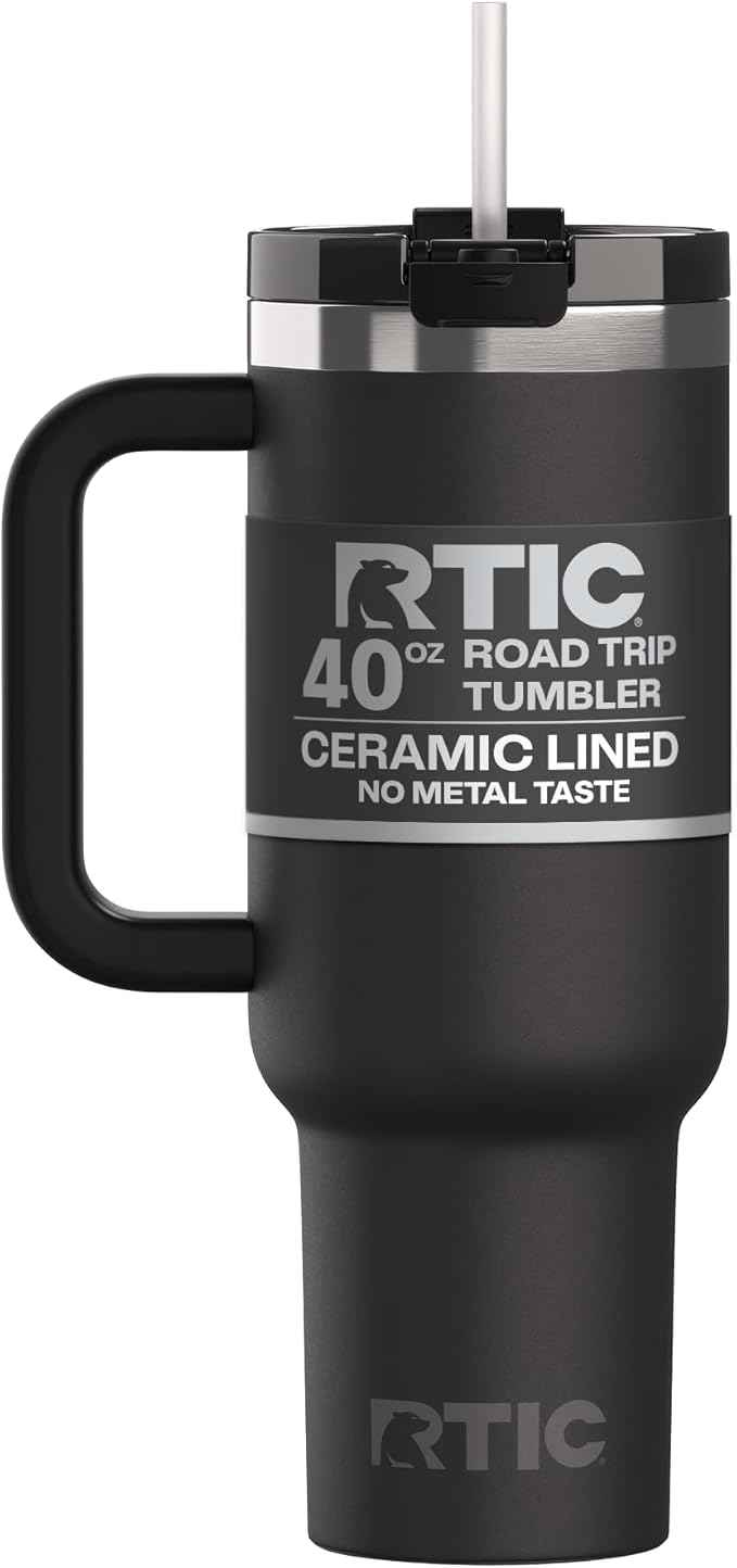 RTIC 40 oz Road Trip Tumbler Double-Walled Cermaic Lined Insulated Stainless Steel Portable Travel Coffee Mug Cup with Lid, Handle and Straw, Black