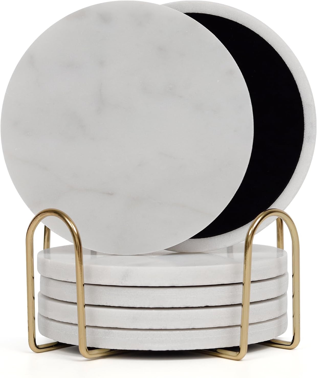 Carrara White Marble Coasters Set of 6 with Holder, Elegant Modern Round White Marble Drink Coasters for Coffee Table Decor, Semi Absorbent Stone Coaster for Drinks, Velvet Backed
