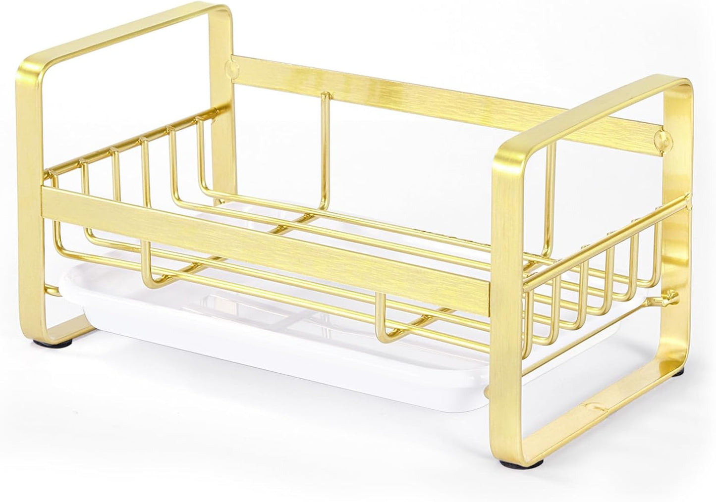 HULISEN Kitchen Sink Sponge Holder, 304 Stainless Steel Kitchen Soap Dispenser Organizer, Countertop Drainer with Removable Tray, not Including Dispenser and Brush, Gold