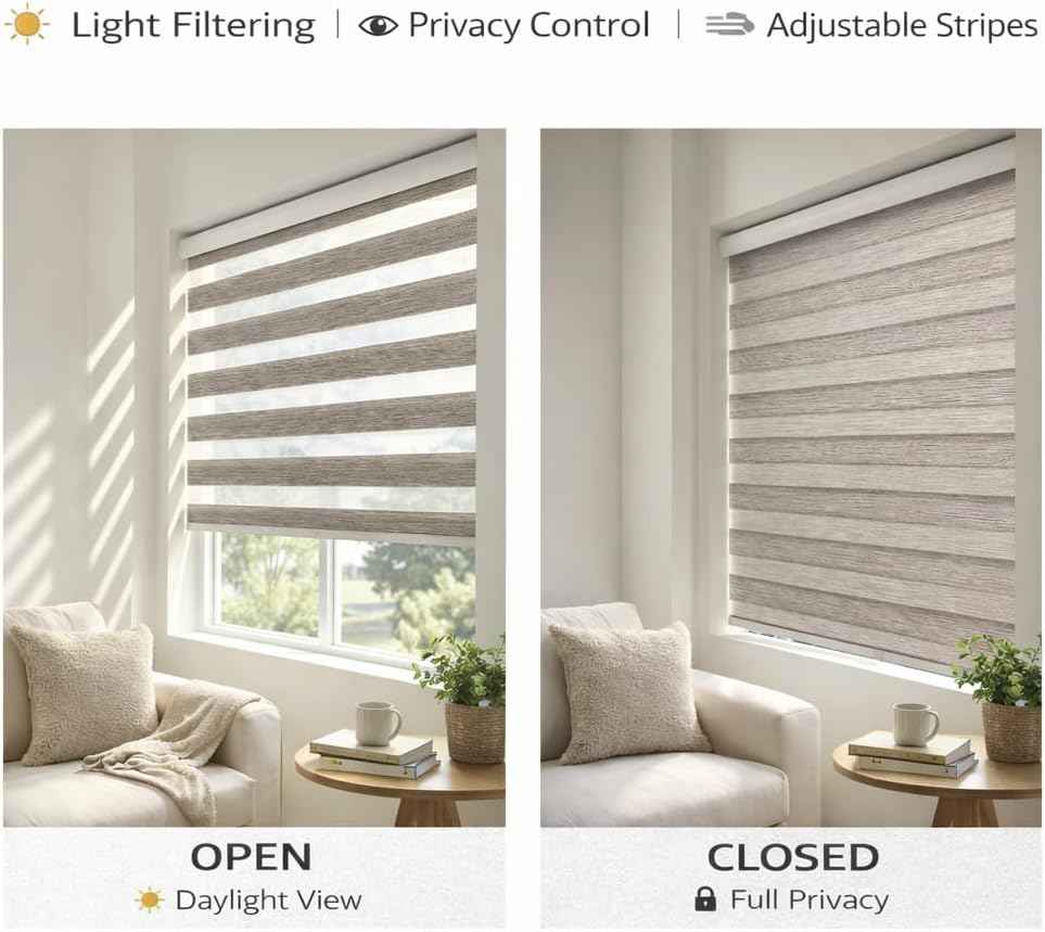 ShadesU Cordless Zebra Blinds – Light Filtering Dual-Layer Window Shades for Privacy (Grey Color) (Maximum Height 72") (Width 73")