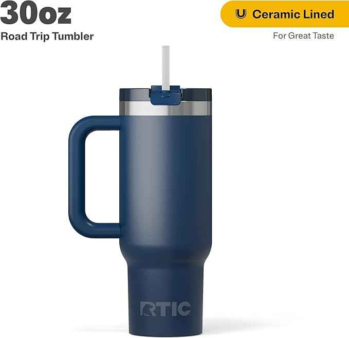 RTIC 30 oz Road Trip Tumbler Double-Walled Ceramic Lined InsulatedStainless Steel Portable Travel Coffee Mug Cup with Lid, Handle and Straw, Navy