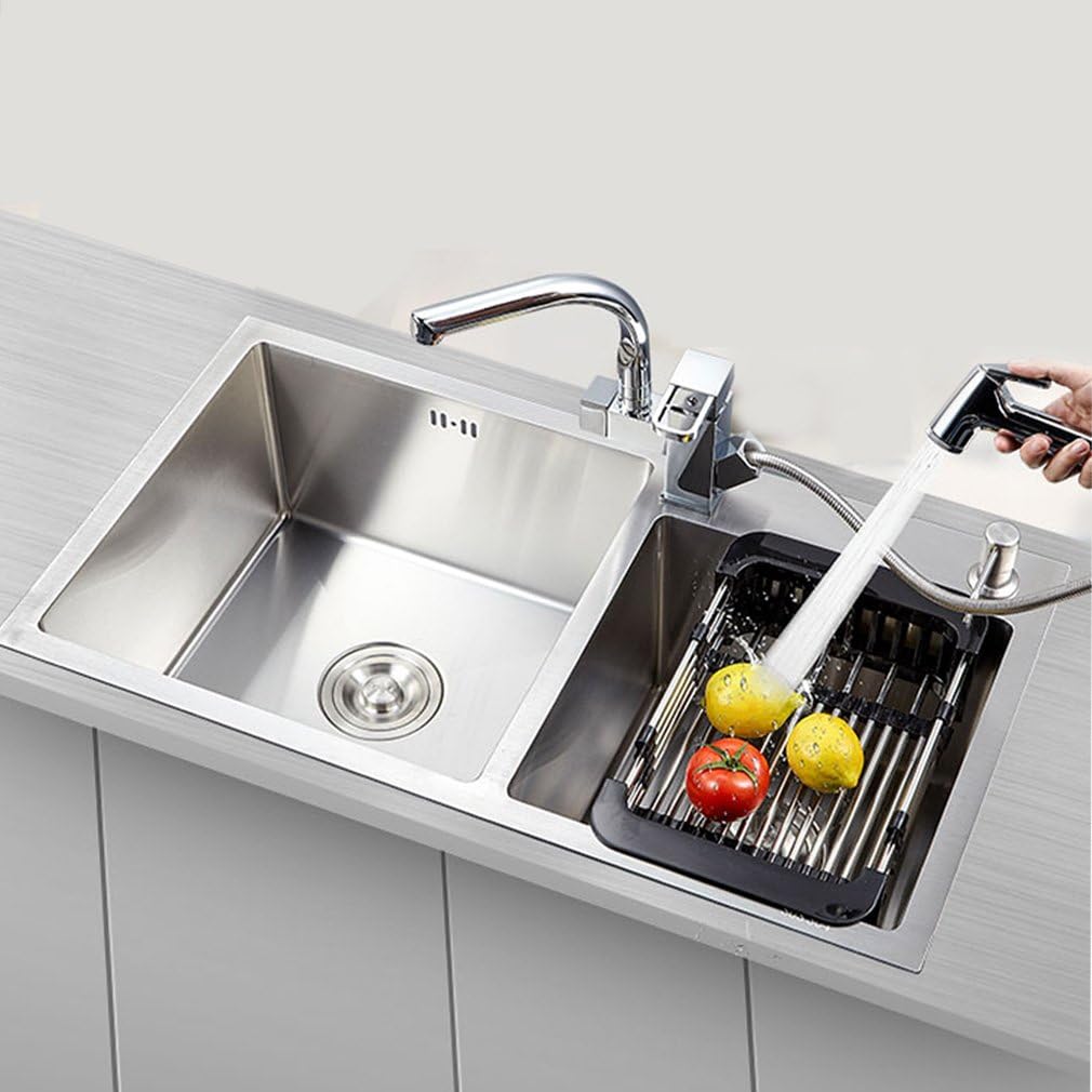 Kitchen Multi-Function Retractable Sink Dish Drying Rack, Stainless Steel Drainer for 10.7"-17" Sinks, Kitchen Countertop Organizer for Dishes, Vegetables, and Fruits (Black & Small)