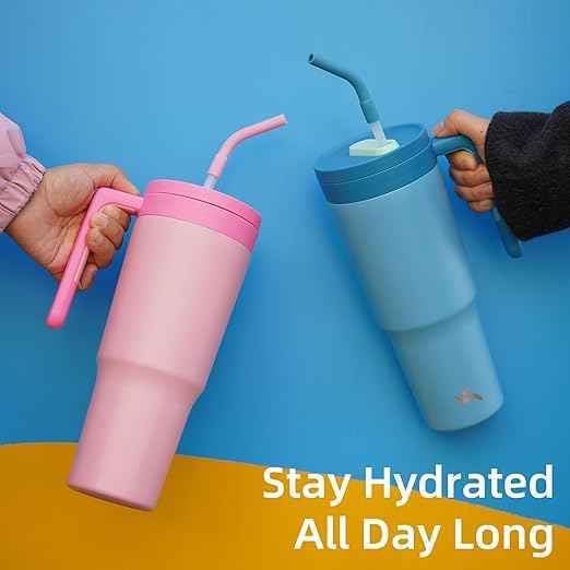 Konokyo Insulated Tumbler with Handle and Straw,40 OZ Vacuum Stainless Steel Water Bottle Travel Mug Metal Cup with Fruit Diffuser,Dark Blue