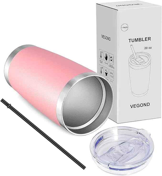VEGOND 20oz Tumbler with Lid and Straw Stainless Steel Tumbler Cup Vacuum Insulated Double Wall Travel Coffee Mug Powder Coated Coffee Cup, Pink, 1 Pack