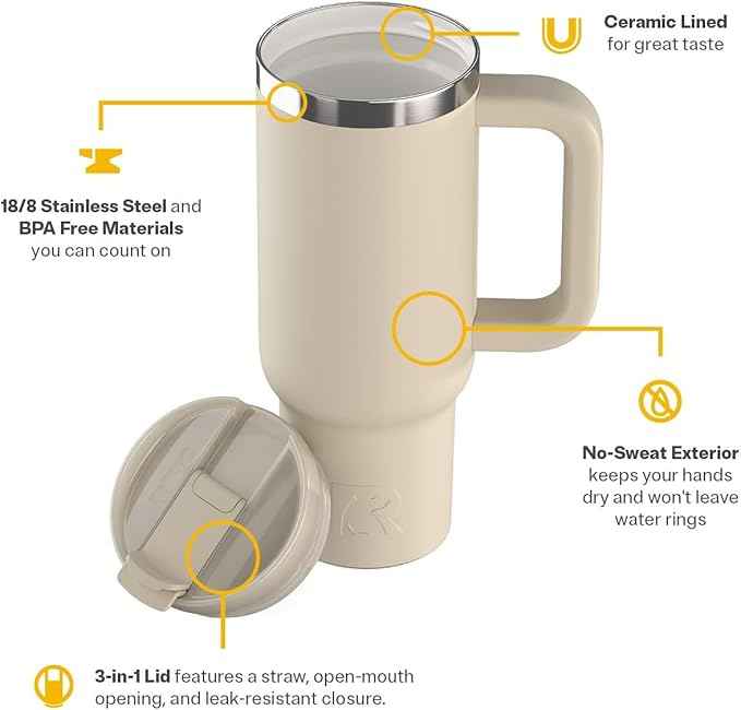 RTIC 30 oz Road Trip Tumbler Double-Walled Ceramic Lined InsulatedStainless Steel Portable Travel Coffee Mug Cup with Lid, Handle and Straw, Beach