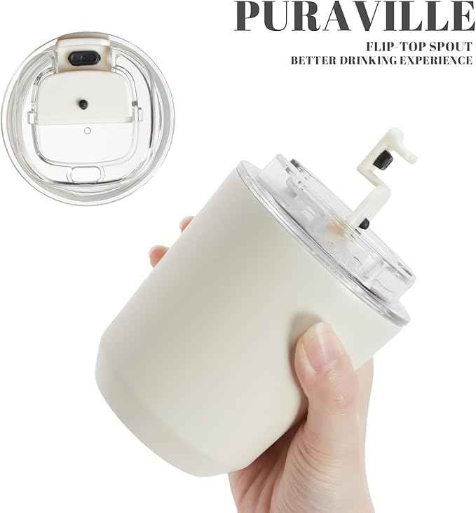 Puraville 2 Pack Insulated Tumblers with Lid, 10 oz Travel Coffee Mug Stainless Steel Vacuum Cup, Leak Proof Double Walled Coffee Tumbler for Iced and Hot Drinks, Black and Cream