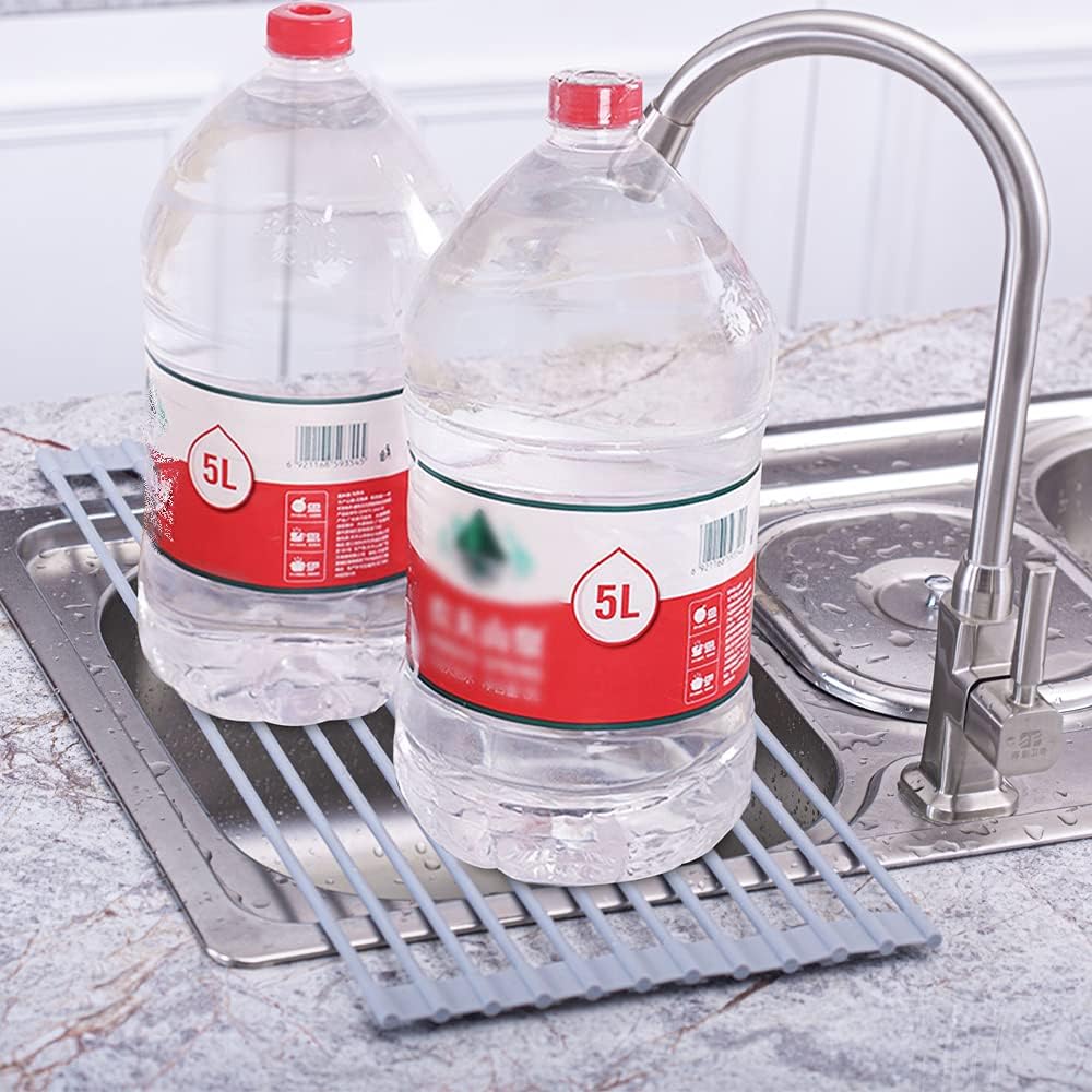 20.5 inches L x 13 inches W Roll-Up Dish Drying Rack Large Over The Sink , Heat-Resistant Anti-Slip Silicone Coated Stainless Steel Dish Drainer Multipurpose for Kitchen Counter, Gray