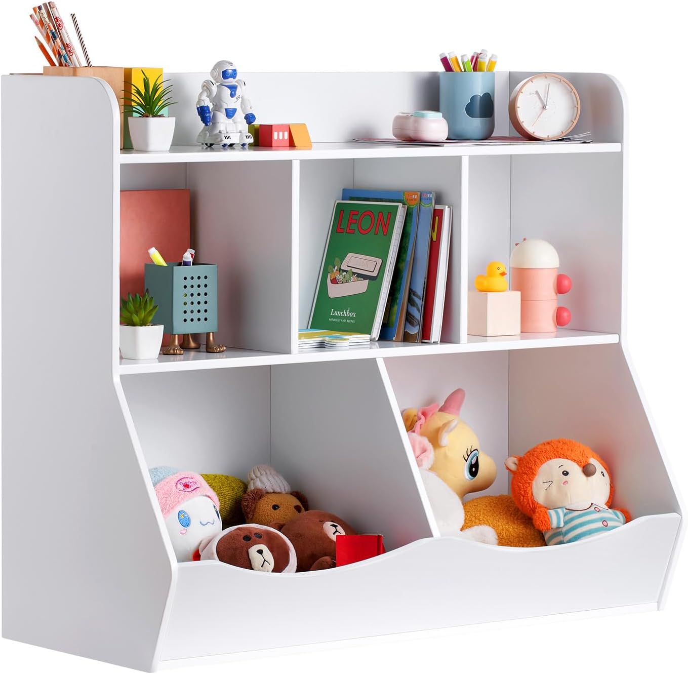 VEVOR Wood Kid Storage Cubby, Toy Storage Organizer with Bookshelf, 5-Cubby Wood Toy Storage Cabinet, Children Book Toy Shelf for Kids Room, Playroom, Kindergarten, Nursery, White