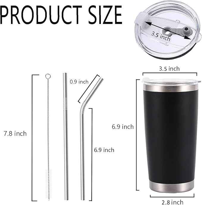 20oz Stainless Steel Vacuum Insulated Travel Mug Tumbler with Lid, Reusable Coffee Cup with Straw & Cleaning Brush, Double Wall Thermal Cup for Hot/Cold Drinks (Black)
