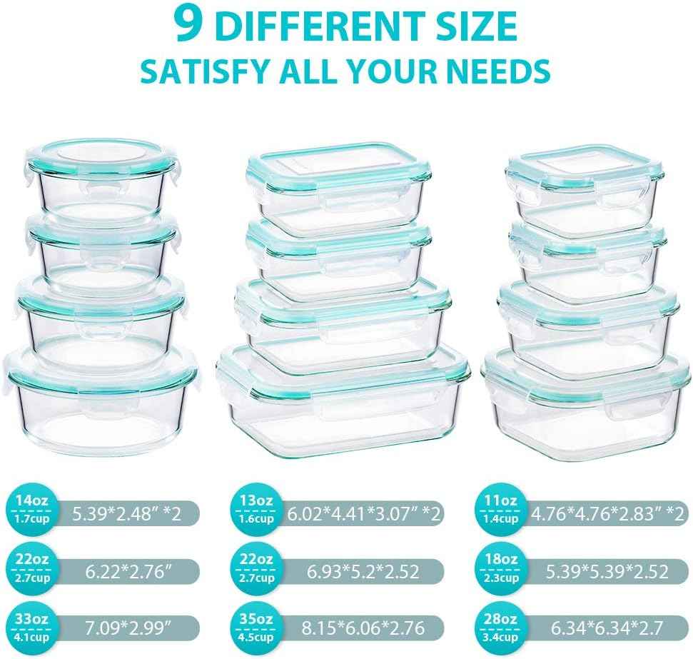 Bayco Glass Food Storage Containers with Lids, [24 Piece] Meal Prep, Airtight Bento Boxes, Leak Proof (12 lids & 12 Containers) - Blue