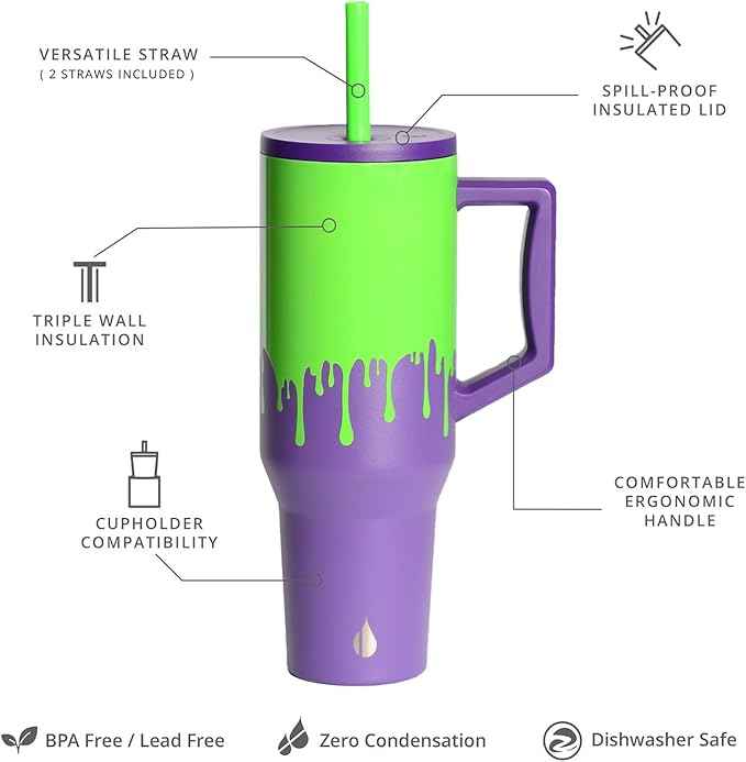 Elemental 40 oz Tumbler with Handle and Straw - Spill Proof Insulated Stainless Steel Commuter for Cold Beverages - Travel Coffee Mug with 2 Straws & Spill Proof Lid - 40oz - Poison Drip