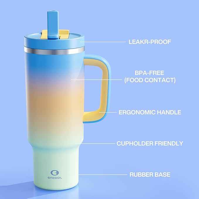 ENCOOL 40 oz Tumbler with Handle and Straw: Stainless Steel Insulated Tumbler Keeps Cold for 24 Hours, Leakproof Travel Cup Fits in Cup Holder and BPA-Free, Sunny Breeze