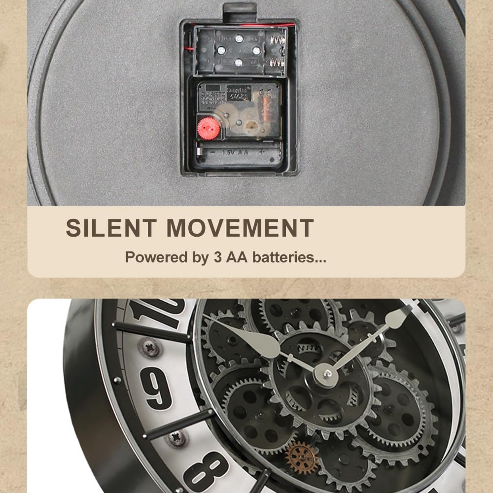 18 Inch Wall Clock with Moving Gears, Oversized Large Industrial Steampunk Decoration, Antique Metal Big Numeral Wall Clocks for Kitchen Study Room Living Room Decor (Antique Oil-Rubbed Bronze)