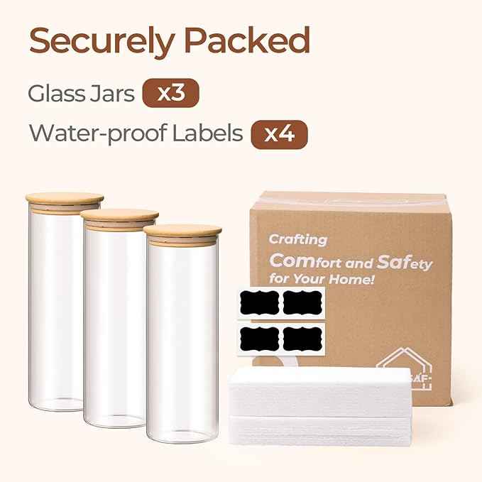ComSaf Glass Spaghetti Pasta Storage Container with Lids 2 Qt Set of 3, Tall Clear Airtight Food Storage Jar with Wood Cover Kitchen Pantry Storage Container for Noodles Flour Cereal Coffee Beans