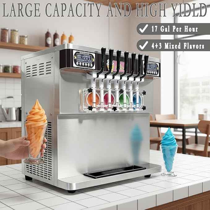 17 Gal/H Commercial Soft Ice Cream Machine,Heavy Duty 4+3 Mixed Flavors Frozen Yogurt Soft Serve Ice Cream Maker,3800W Serve Yogurt Maker,For Restaurant Snack Bar
