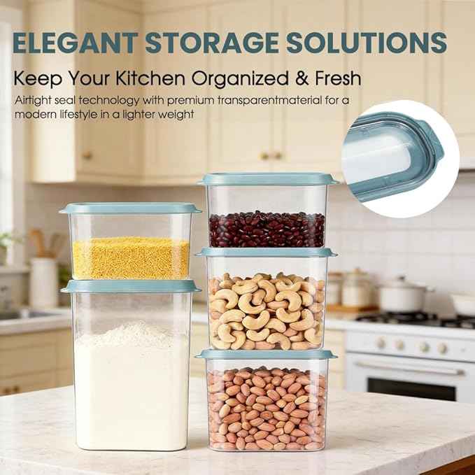 OMIO 5-Piece Airtight Food Storage Containers Set | BPA-Free Plastic Canisters with Easy Snap Lids for Dry Food, Pantry, Kitchen | Organize Cereal, Grains, Snacks, Flour, Sugar